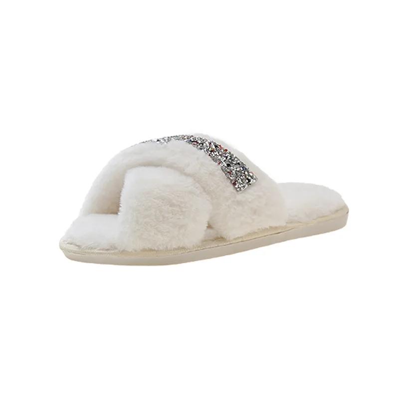 Плоские пушистые меховые тапочки женские блестящие теплые меховые тапочки женские шлепанцы домашние тапочки плоские тапочки для дома