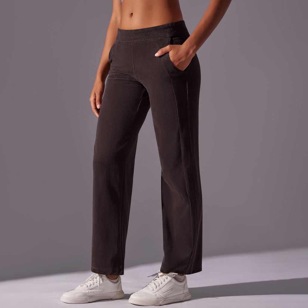 New Solid Color Corduroy Threaded Casual Pocket Straight Pants High Waist Drape Sports Running Yoga Nine-point Pants Women