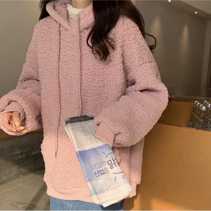 Женское худи большого размера из искусственной овечьей шерсти с ушками медведя - Свободный крой для осени/зимы