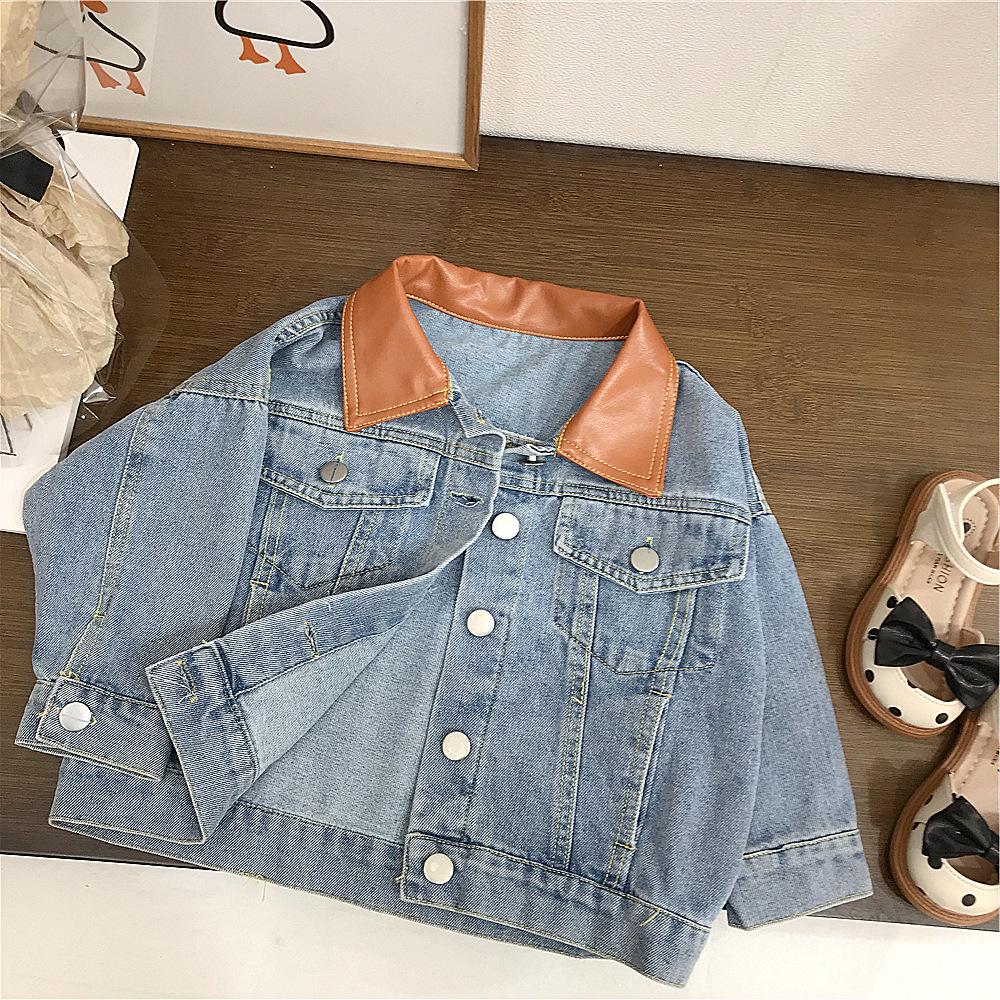 Джинсовая куртка для девочек в стиле Гонконга с кожаным воротником и осенне-весенним узором