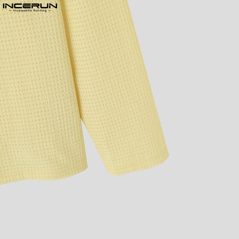 INCERUN Men Spring Long Sleeve Texture Tops Casual Loose Solid Pullovers