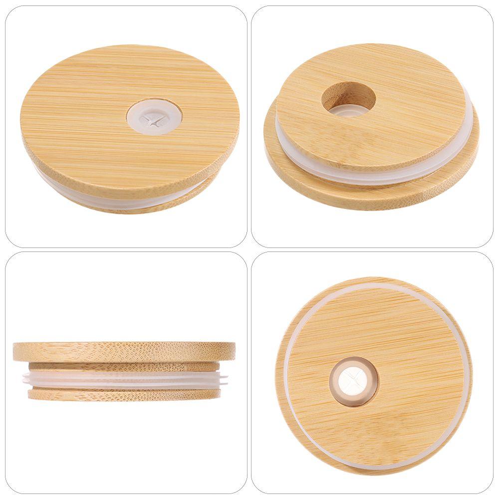Gift Silicone Seal Ring Canning Caps With Straw Hole Bamboo Wood Lids Wide Mouth Cup Mason Jar Lid