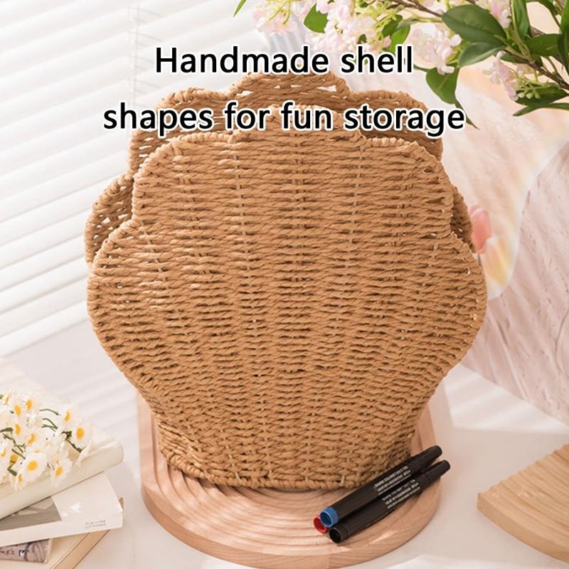 Paper Rope Woven Shell Shaped Basket Decorative Toy Storage Bin Desktop Sundries Organizer Home Organization Tool