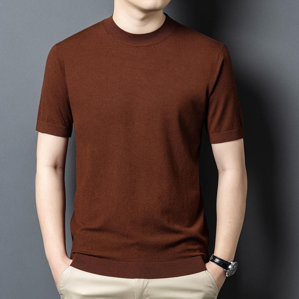 Men's Slim Fit Short-Sleeve Knitwear Versatile Half-High Neck Base Layer for Business Casual