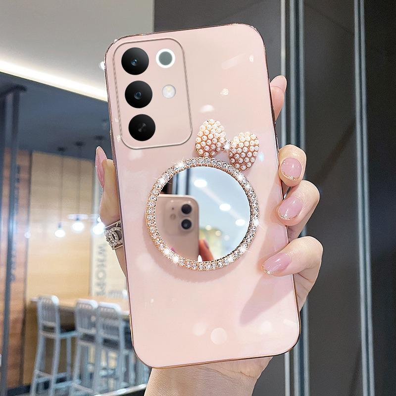 For Realme C85 Pro Case Soft Plating brick inlaid pearl butterfly makeup mirror Smooth Electroplated For Realme C85 Back Cover