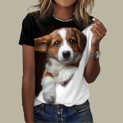 Женская летняя футболка, футболка с короткими рукавами и принтом маленькой собаки, повседневный топ с принтом