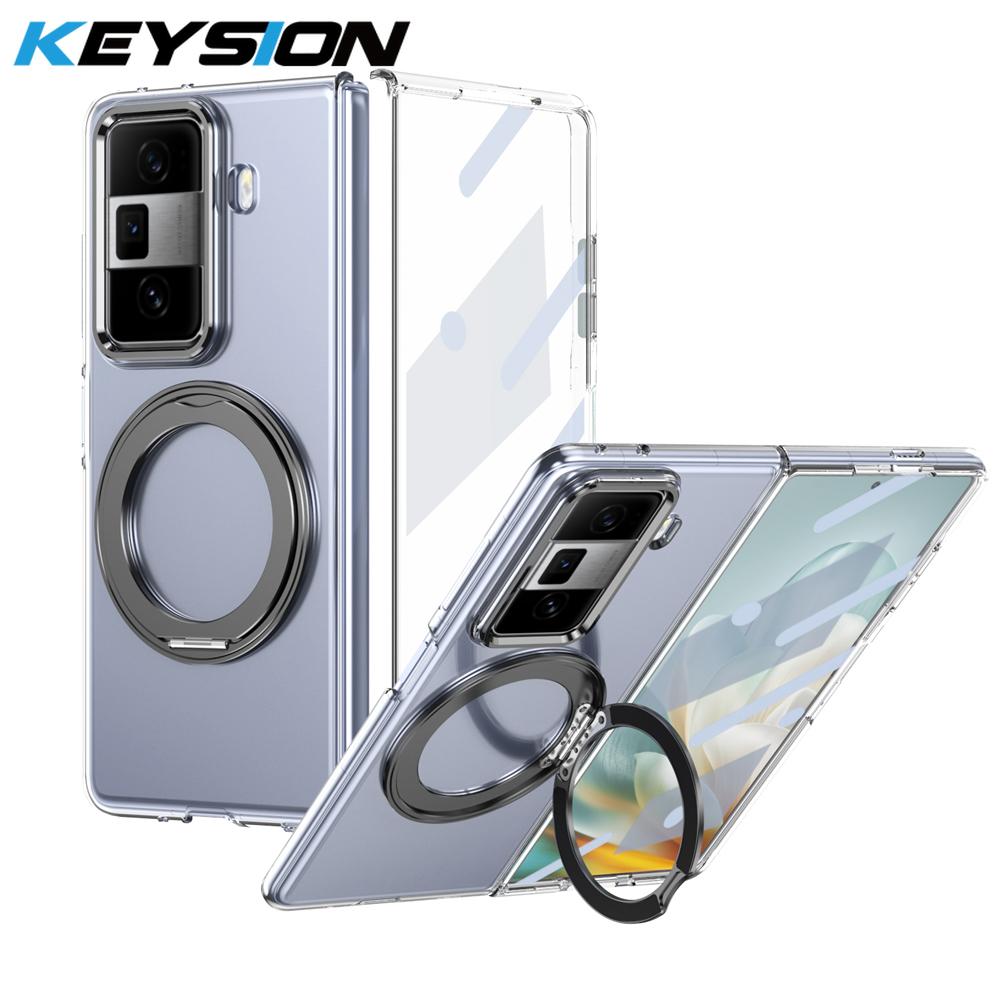 KEYSION Вращающийся на 360° магнитный чехол-подставка с кольцом для HONOR Magic Vs3, прозрачный жесткий чехол для ПК-телефона со стеклянным защитным экраном