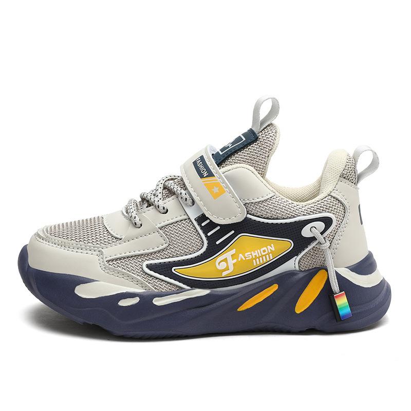 Обувь для мальчиков 2025 осень новая двойная сетка кожаная поверхность дышащая полая детская спортивная обувь для мальчиков среднего и старшего возраста кроссовки для бега