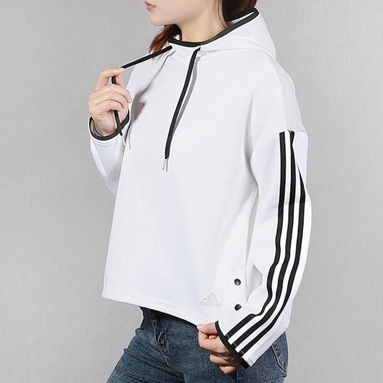 Adidas Logo Print Sport Casual Pullover Hoodie Women Tops White FR5976