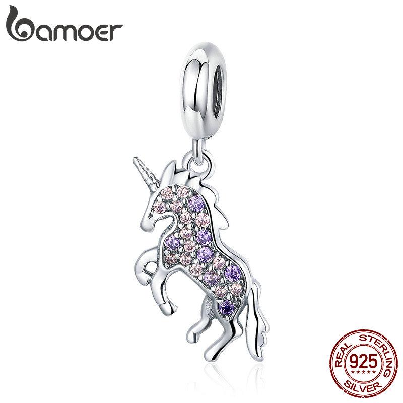 BAMOER 925 Sterling Silver Cute Pony Pendant Colorful CZ Animal Charms Fit Women Jewelry