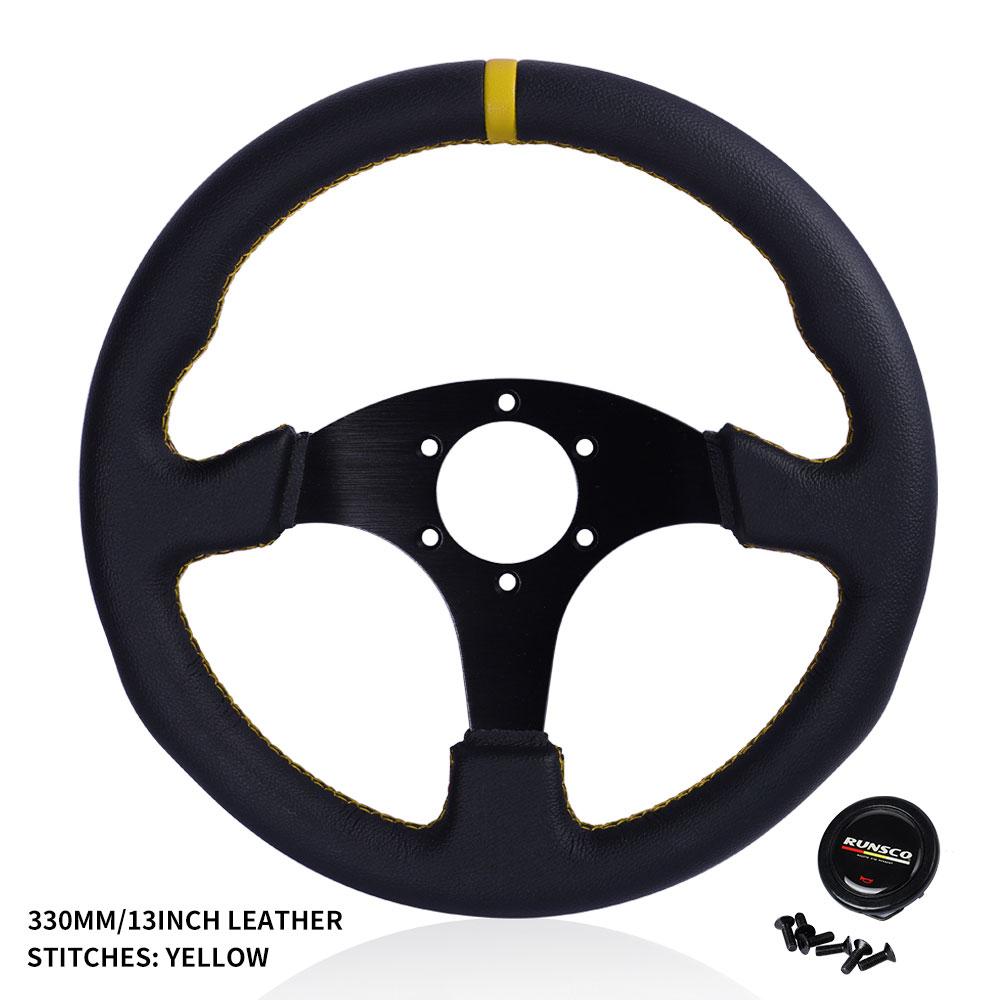330mm/13Inch Flat Steering Wheel Leather Aluminum Frame Racing Drift Pc Game Steering Wheel Universal