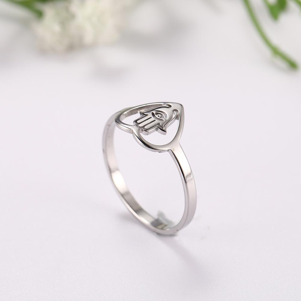 Evil Eye Hamesh Hamsa Hand Heart Ring Women Amulet Lucky Fatima Palm Stainless Steel Casual Rings Jewelry Birthday Gift