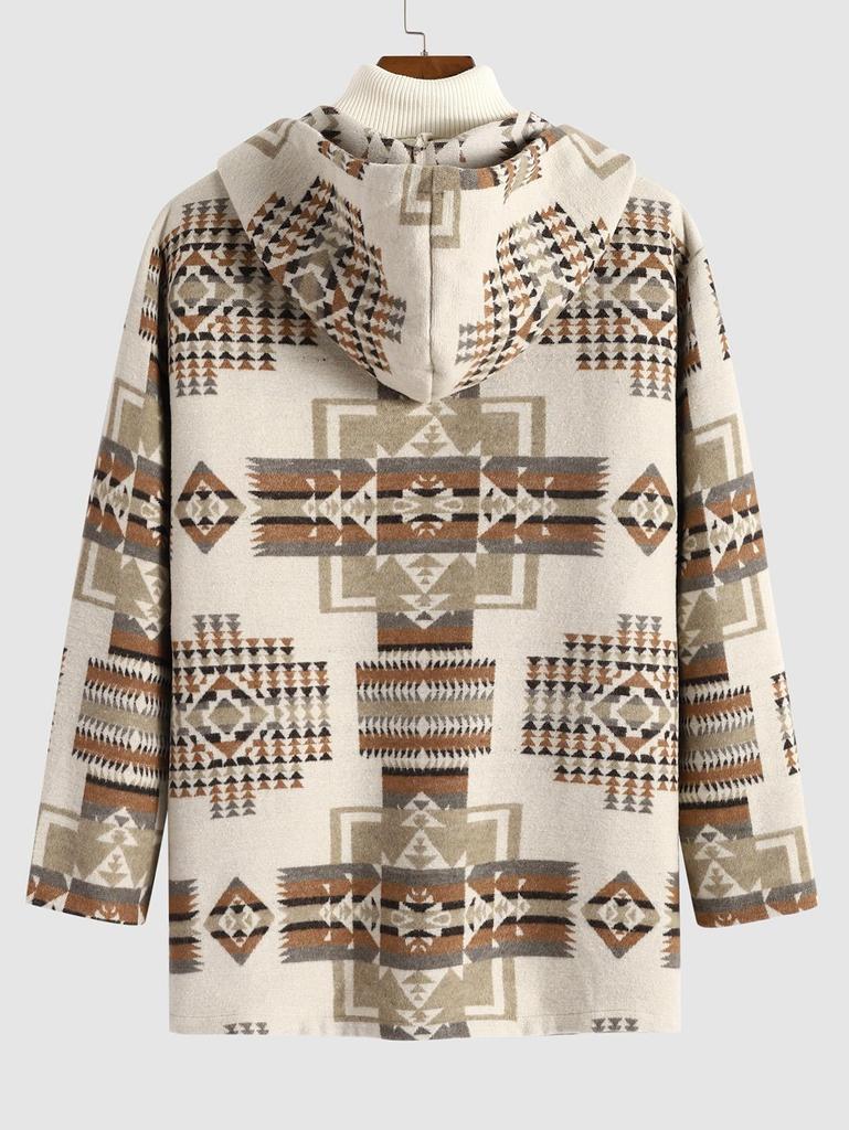 ZAFUL Мужское длинное шерстяное пальто с ацтекским этническим геометрическим принтом, карманом на молнии и капюшоном