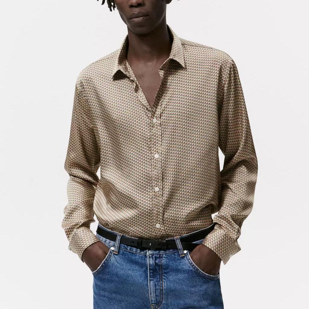 Zara Рубашка свободного покроя с геометрическим узором, мужская, коричневая, с длинным рукавом 6368516-707