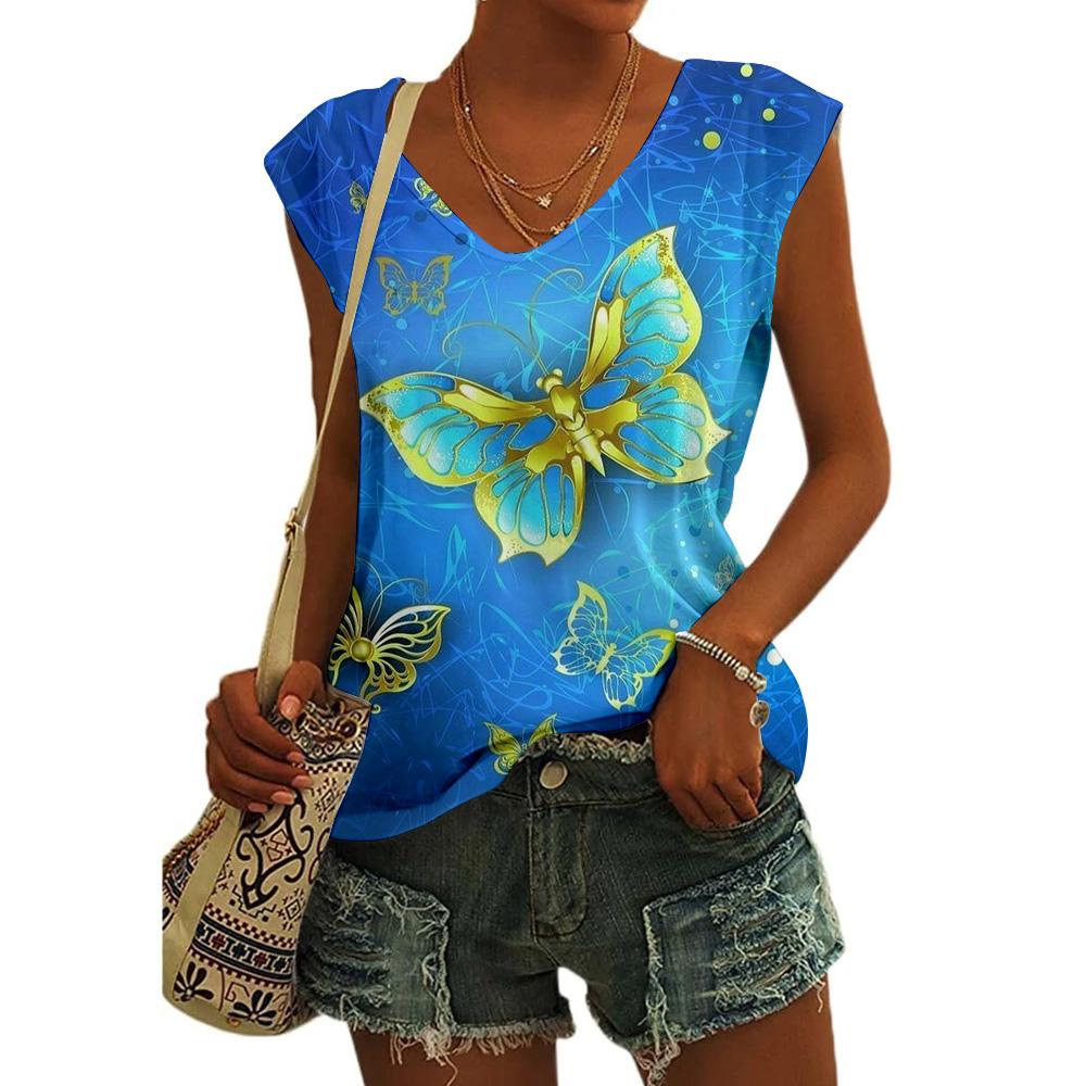 3d Butterfly Printed 2025 New Women's V-Neck Tank Tops & T-Shirts Summer 2025 New Sleeveless Vest Fashion Causal T-Shirts Tees