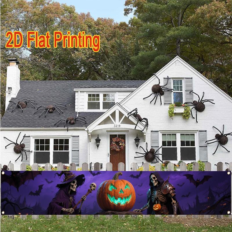 Halloween Horror Skull Party Crow Fence Banner, Pumpkin Design, Polyester Outdoor Lawn Wall Holiday Decoration