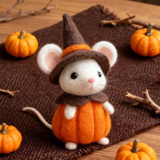 Halloween Felt Mouse Accessories Handmade Animals Statue with Pumpkin Decoration Table Shelf Desk Ornament