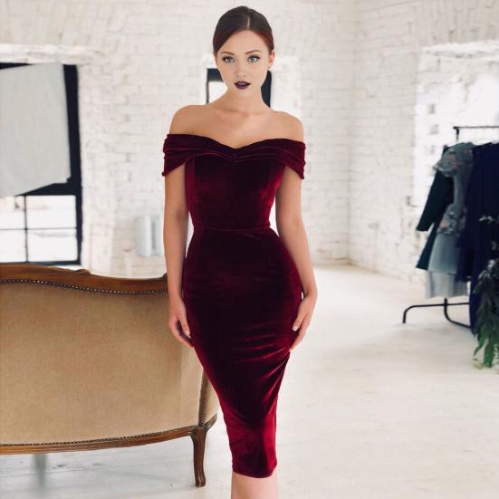 Sumer Evening Dress Off Shoulder Strapless Velvet Skinny Sheath Solid Color Sleeveless Backless Cocktail Party Prom Midi Dress