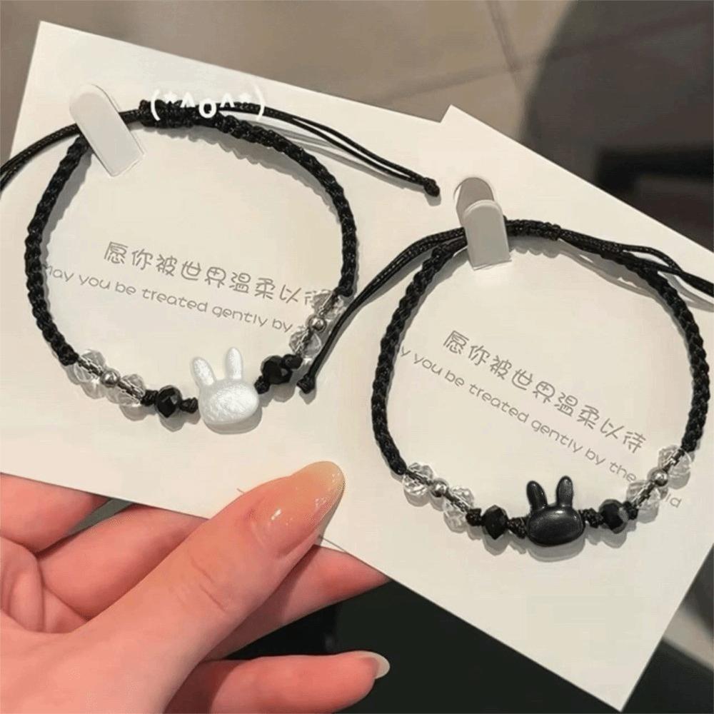 Cute Rabbit Woven Bracelet Moonstone Obsidian Cat Bracelet Fashion Couple Bracelet Unisex
