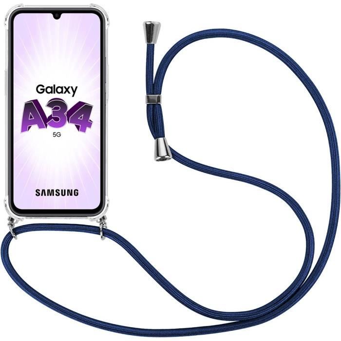 Coque pour Samsung Galaxy A34 5G - Coins Renforcés Anti-Rayure Souple + Bandoulière Bleu Marine