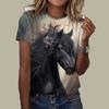 Women's Summer T-shirt Black Horse Printed Short Sleeved T-shirt Casual Printed Top