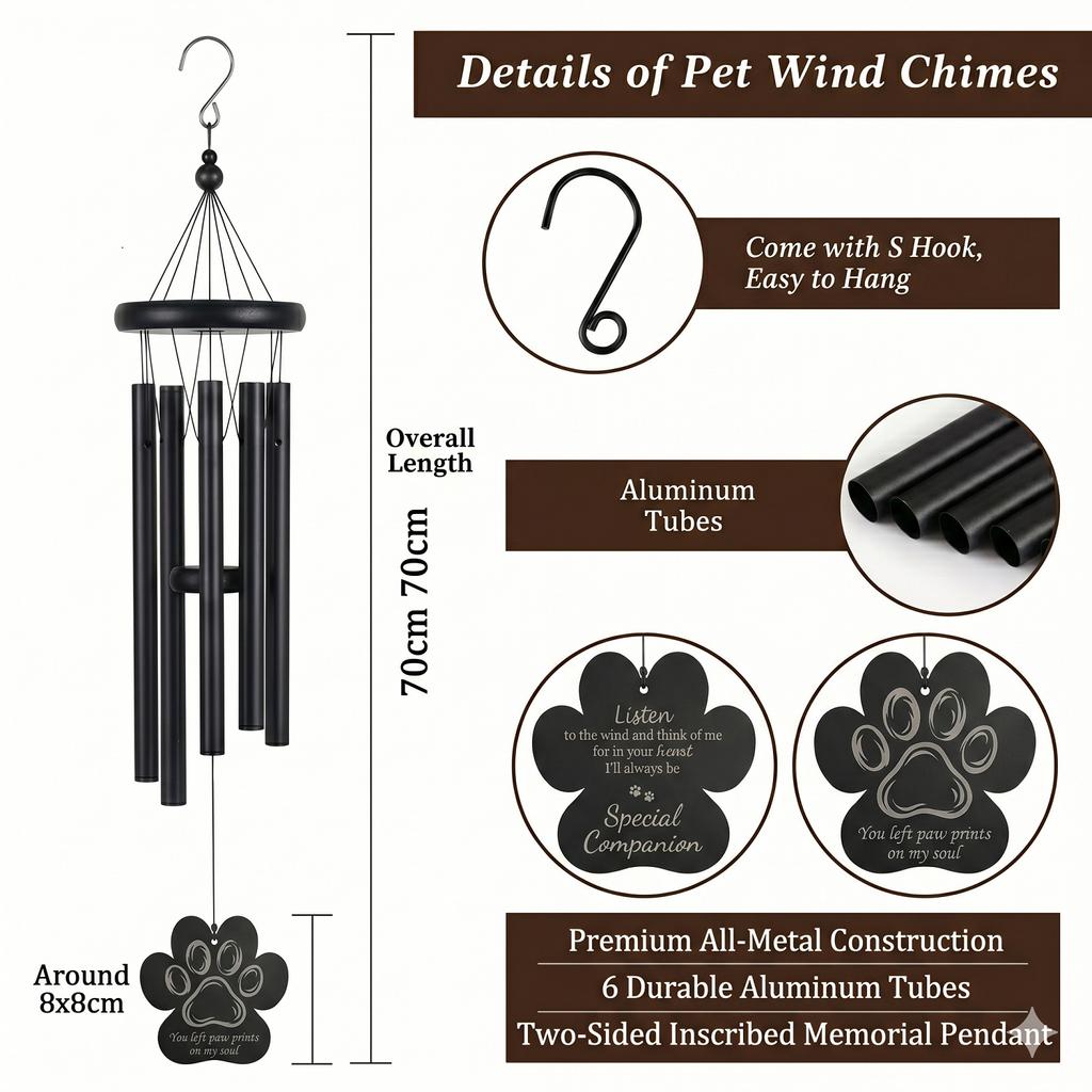 Dog Memorial Wind Chime - Black Outdoor Sympathy Gift with Soothing Tones for Garden/Patio, Ideal Remembrance for Pet Loss