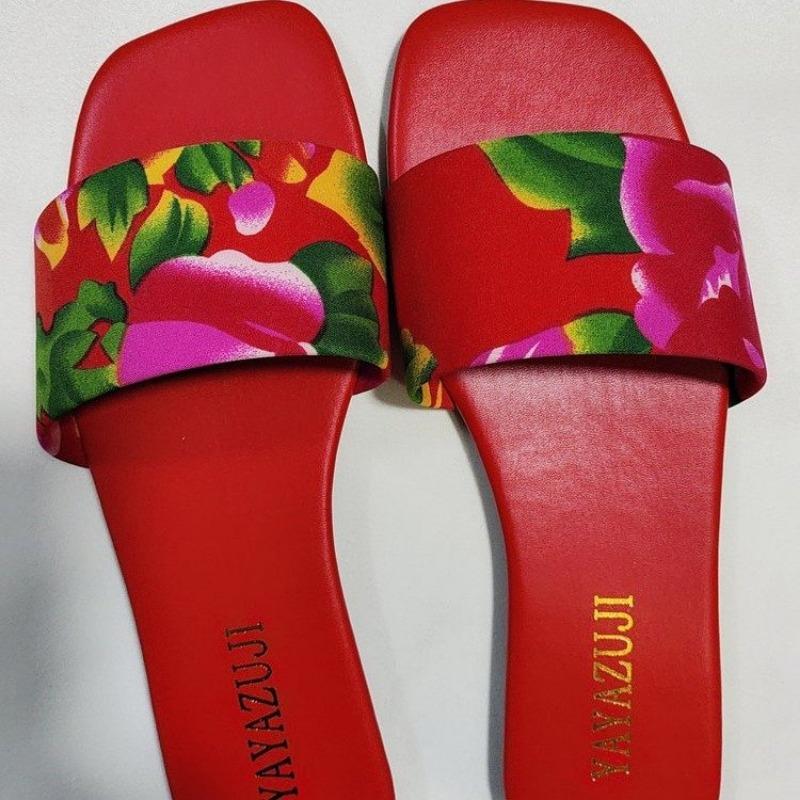 Summer New Flat Sandals Women's Square Head Open Toe Print Soft Sole Non-slip Wear-resistant Comfortable Slippers