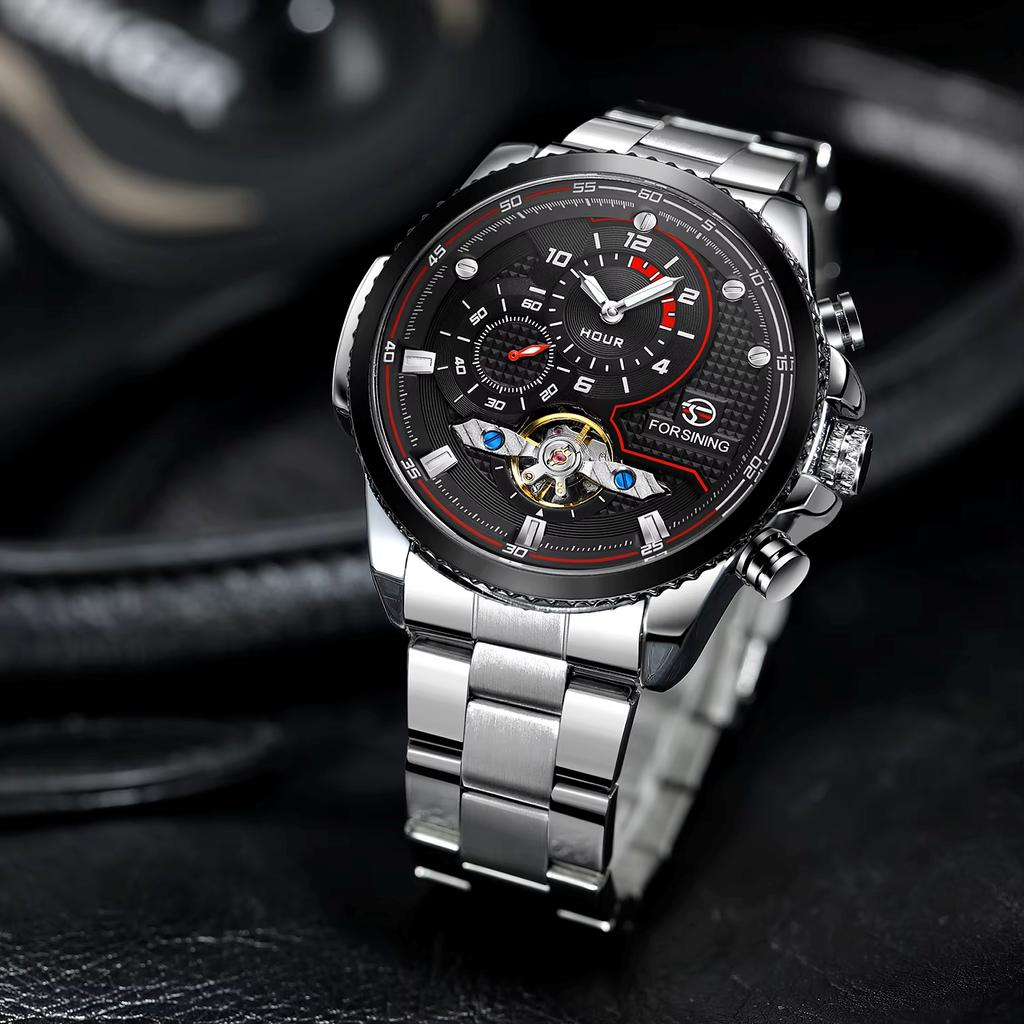Forsining Мужские автоматические часы из нержавеющей стали, водонепроницаемые наручные часы, турбийон, механические с автоподзаводом, наручные часы с бриллиантовым циферблатом