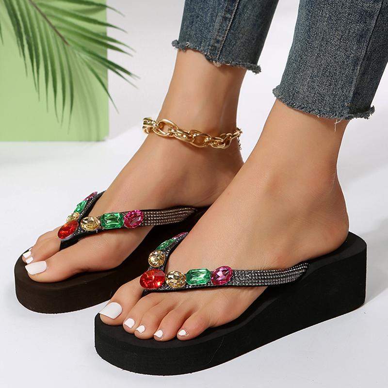 Модные модные шлепанцы на платформе со стразами для женщин 2025 лето шлепанцы с перемычкой сандалии на танкетке женские толстая подошва нескользящие пляжные тапочки