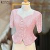 Women Summer Square Neck Short Sleeve Patchwork Lace Blouse
