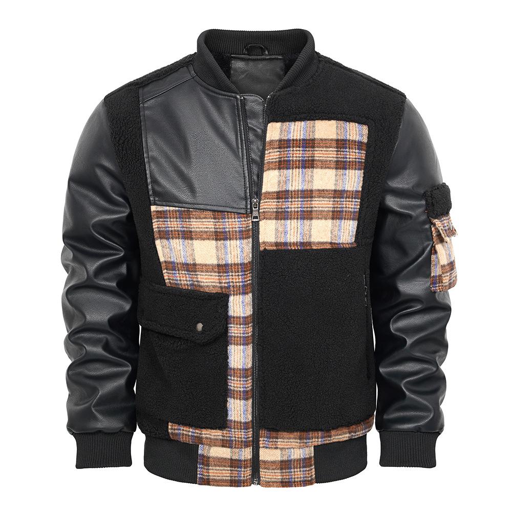 Autumn and winter PU fleece splicing leather jacket plaid jacket OZON thermal flight suit