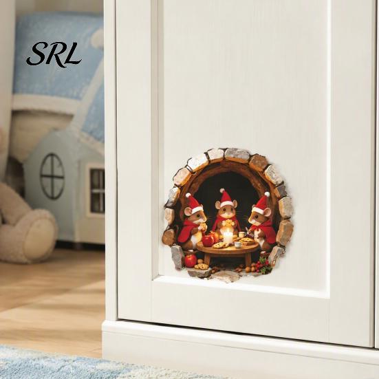 Seasonal Nursery Wall Decorations Mouse Hole Sticker, Christmas Decal, Self Adhesive Holiday Home Atmosphere Cute Mice Sticker for Living Room Bedroom
