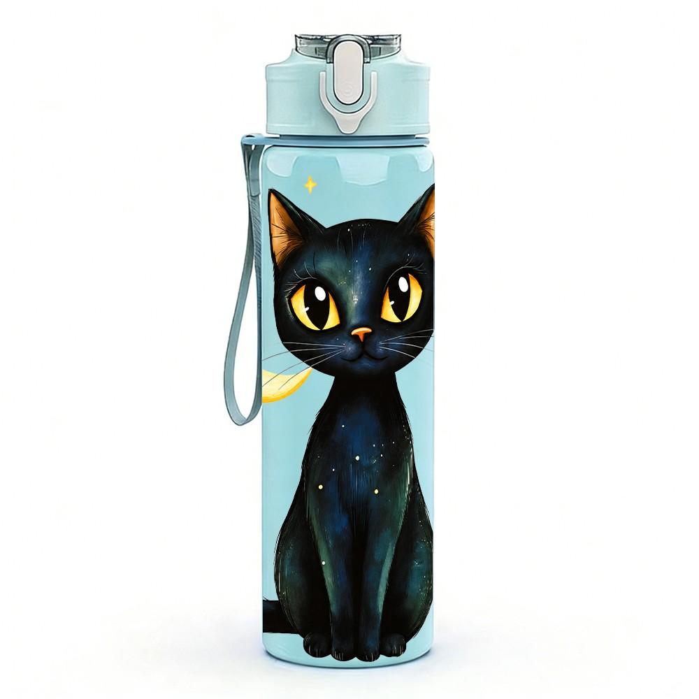 1PC Night Moon Black Cat 750ml Color Plastic Sports Water Bottle Leakproof Flip Straw Lid Suitable for Sports Office Home Use