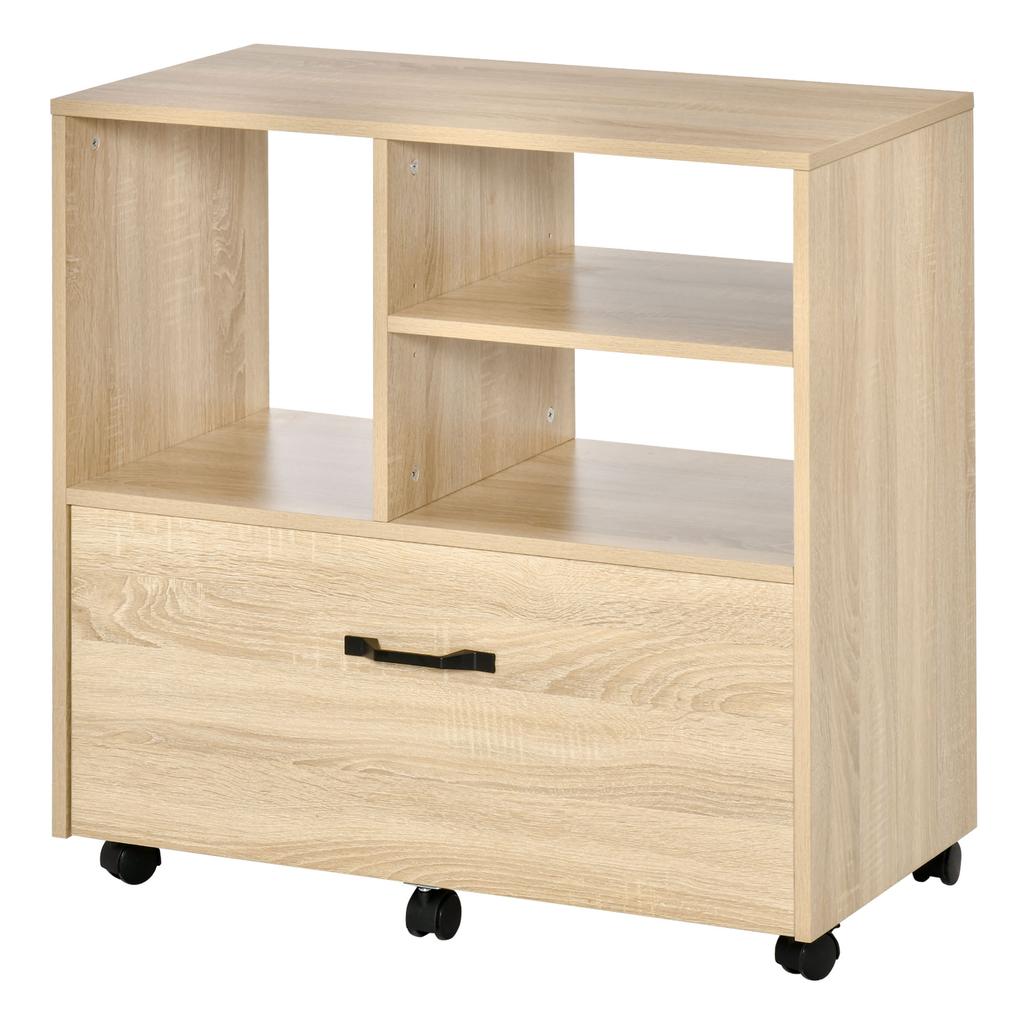 Multi-purpose Office Furniture in Wood, Chest of Drawers with Wheels Printer Holder with 5 Wheels, Drawer and Adjustable Shelf, 77x40x73cm, Wood