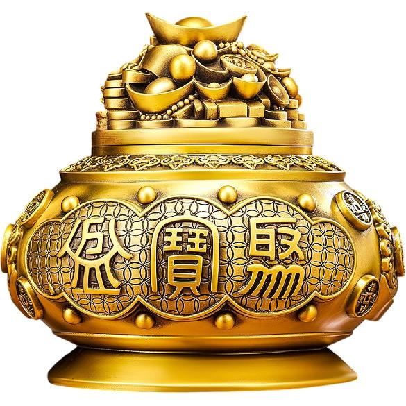 Aris & Juno Brass Treasure Bowl Feng Shui Statue – Chinese Wealth & Good Luck Figurine for Entryway, Home Office Desk or Shelf Decor, Gift for