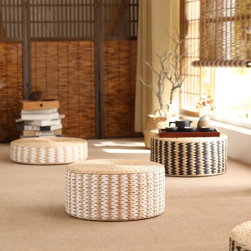 40/45cm Japanese Woven Straw Pouf Tatami Cushion Round Zafu Floor Cushion Meditation Yoga Seat Mat Pastoral Thick Ottoman Stool