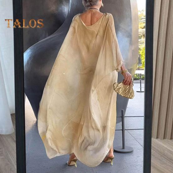 Женское платье макси с струящимся круглым вырезом и нерегулярными рукавами «летучая мышь», двухслойное мраморное платье с принтом, длина до щиколотки, повседневное платье макси