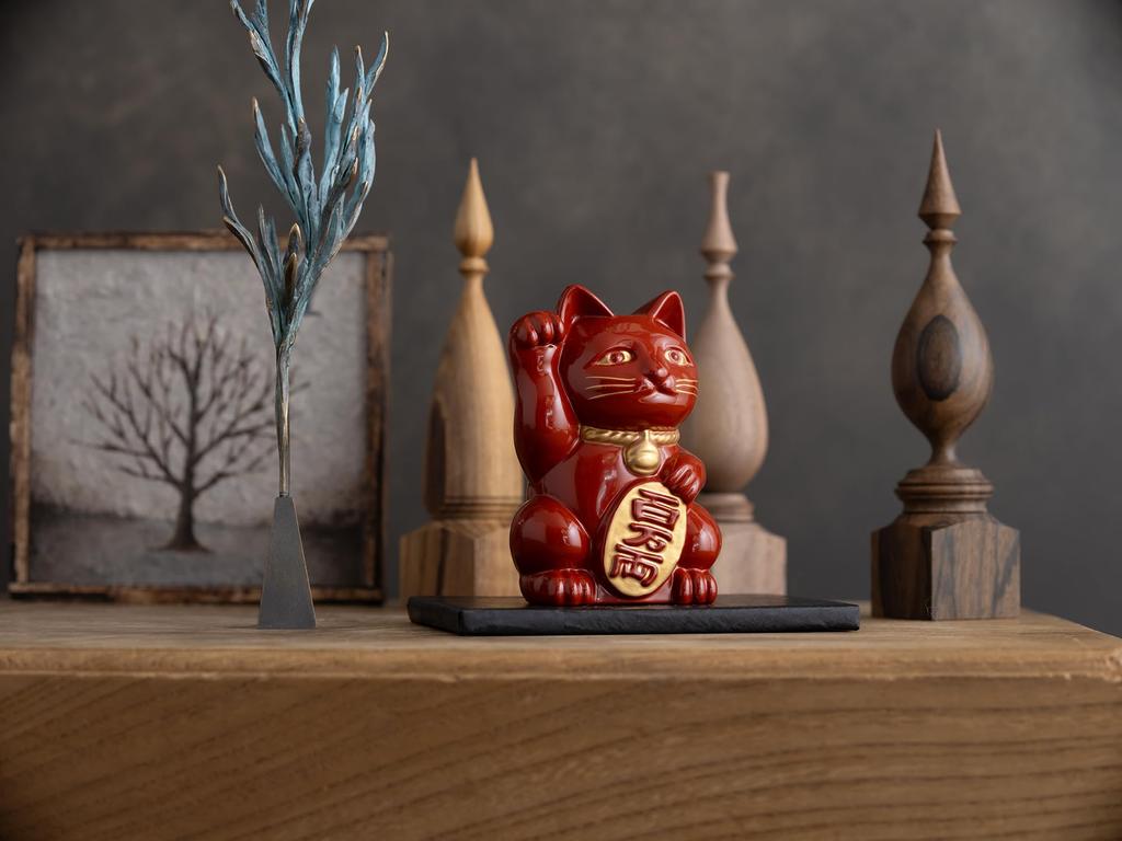 Gingado Maneki Neko (Lucky Cat) - Red Lacquer, Right Paw Raised, Metal, Lucky Cat, Good Luck, Feng Shui Figurine, Takaoka Copperware (Maneki Neko RE)
