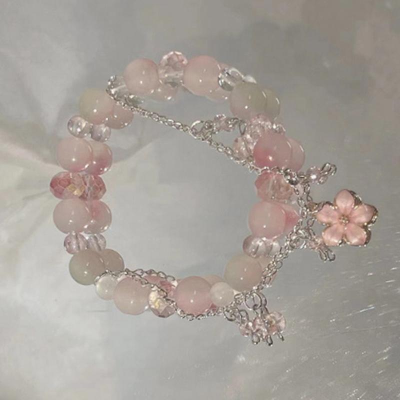 Милый маленький персиковый цветущий браслет с бусинами, подвеска для женщин и девочек, легкий роскошный эластичный браслет, ювелирные аксессуары