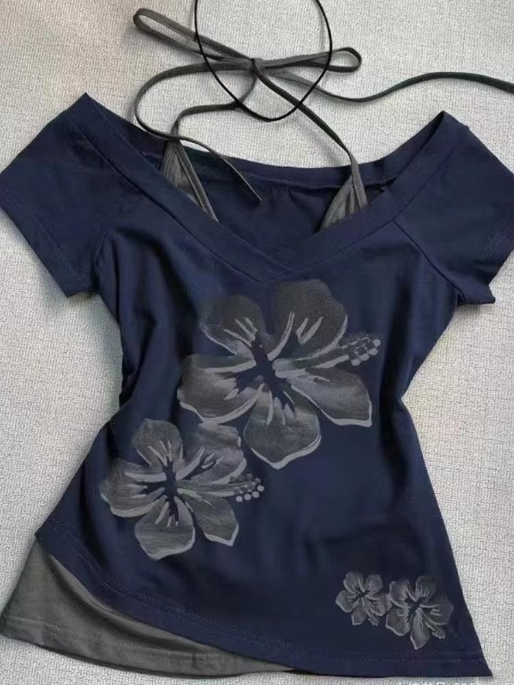 Летние поддельные две части бретелька через шею бандаж винтажные футболки Y2k эстетика тонкий укороченный топ женский гранж принт Harajuku повседневная сексуальная футболка