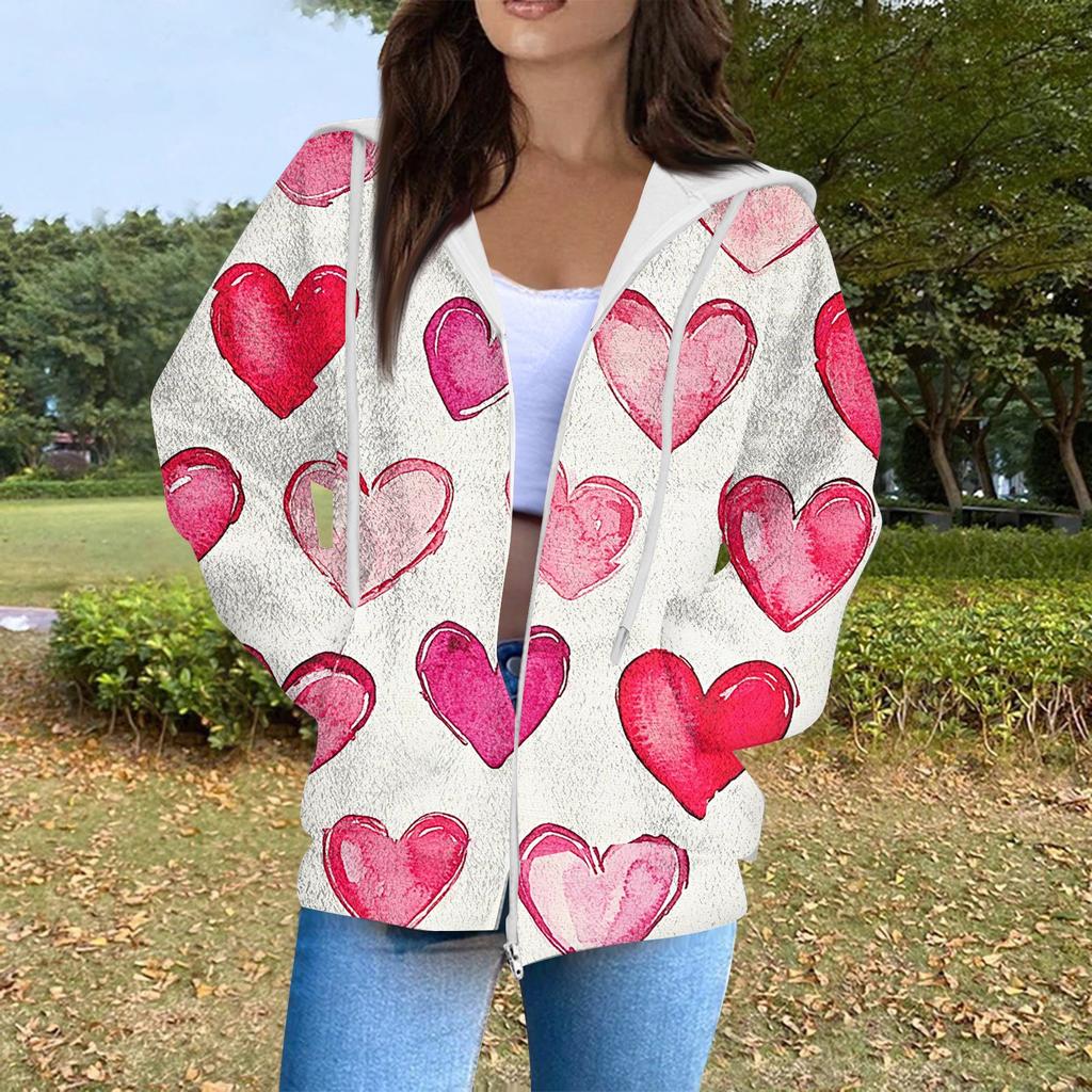 Women's Fashion Casual Long Sleeve Valentine's Day Print With Pocket Zipper Cardigan Jacket