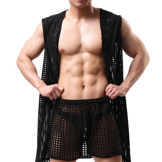 Мужчины сексуальные ночные рукавы с капюшоном с твердым цветом Hollow Out Mesh Summer Loungewear Крушковая ночная одежда домашняя одежда домашняя одежда