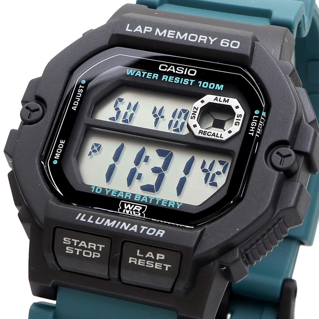 Casio Спортивные цифровые мужские часы с памятью на 60 кругов, WS-1400H-3AV, Модель для зарубежного рынка, Черный/Сине-зеленый [Параллельный импорт]