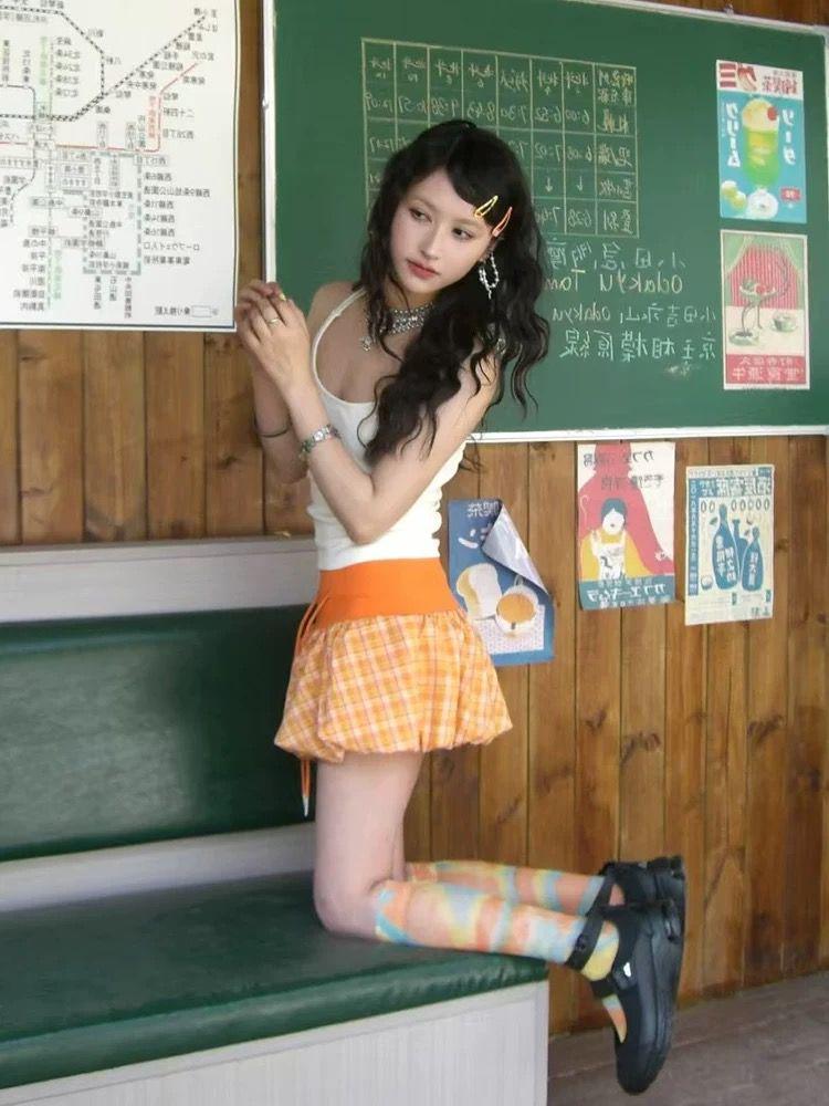 Korean Orange Plaid Tulip Skirt - Women's Summer Elastic Drawstring Short Skirt