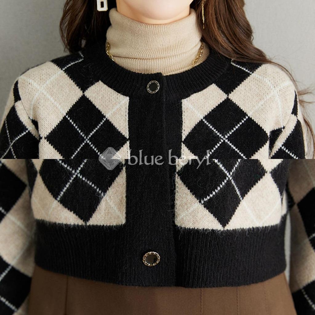 Knit Argyle Gold Box Round Slender Long Delicate Front Body Shape Front Warm Stylish Assemble 10 Ivory Cardigan, Pattern, Women's, Buttons, Jacket,