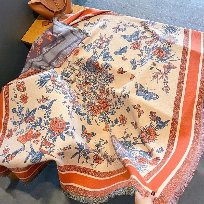 Зимний новый кашемировый шарф 2024 года, цветочный женский теплый платок и накидка, бандана, пашмина, женский платок, квадратное толстое одеяло, пончо