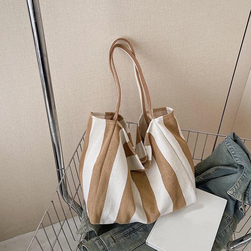 Женская полосатая сумка через плечо Простая сумка для переноски Большая вместимость Стильная плечевая сумка Повседневная сумка для покупок Холщовая сумка для поездок на работу
