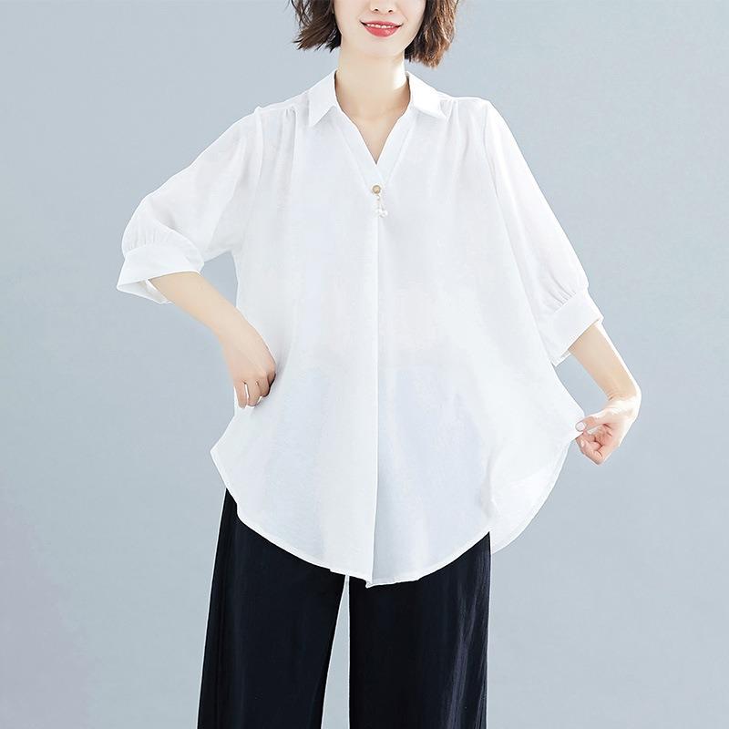 Летняя женская рубашка с короткими рукавами, элегантный V-образный вырез, нерегулярный хлопковый лен, удобный свободный повседневный дышащий топ