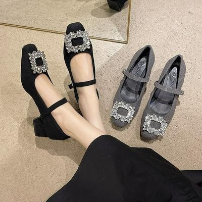 Универсальные туфли-лодочки на толстом каблуке со стразами, женская юбка, весна 2025, новые бархатные теплые туфли Mary Jane на высоком каблуке, тренд