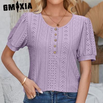 Женские модные повседневные летние весенние однотонные свободные блузки и рубашки с короткими рукавами и пуговицами с круглым вырезом и круглым вырезом